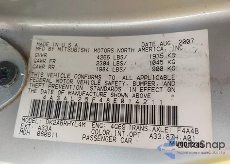 2008 Mitsubishi Eclipse Spyder Gs z USA, uszkodzony, nr VIN 4A3AL25F48E014211